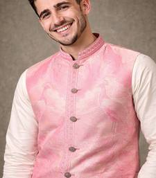 Pink color plain slub silk kurta koti pant set