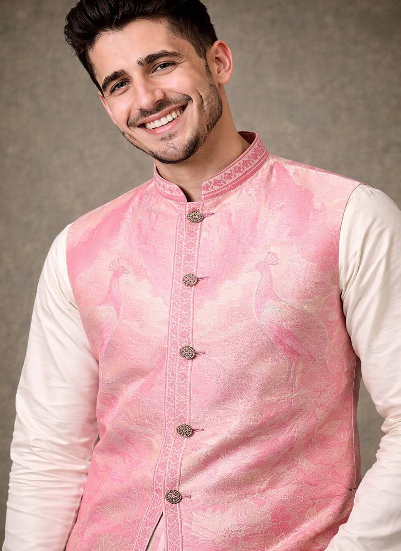 Pink color plain slub silk kurta koti pant set