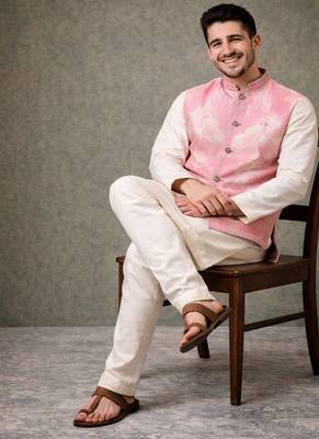 pink silk kurta pajama with woven koti 3