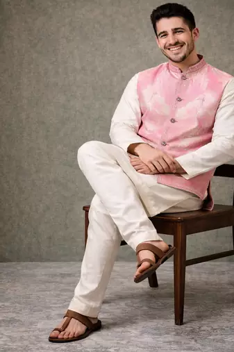 pink silk kurta pajama with woven koti