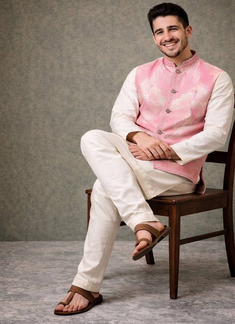 Pink color plain slub silk kurta koti pant set