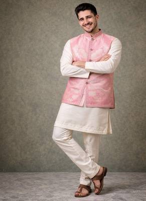 pink silk kurta pajama with woven koti 1