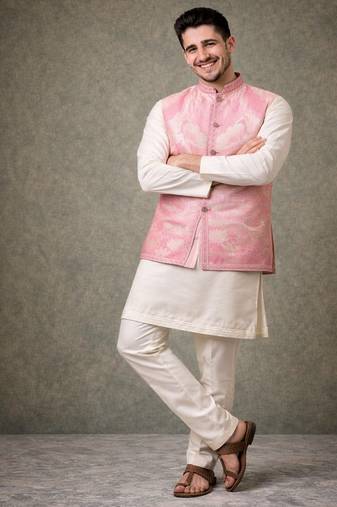 Pink color plain slub silk kurta koti pant set