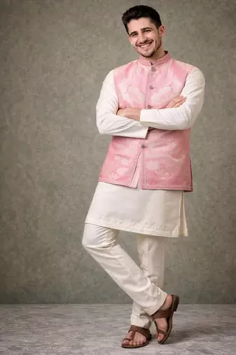 Pink color plain slub silk kurta koti pant set