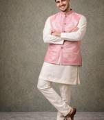 Pink color plain slub silk kurta koti pant set