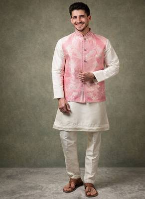 pink silk kurta pajama with woven koti 4