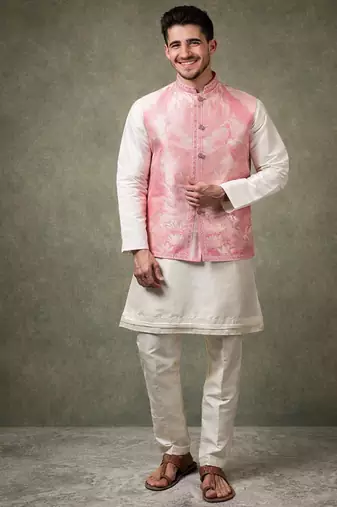 pink silk kurta pajama with woven koti