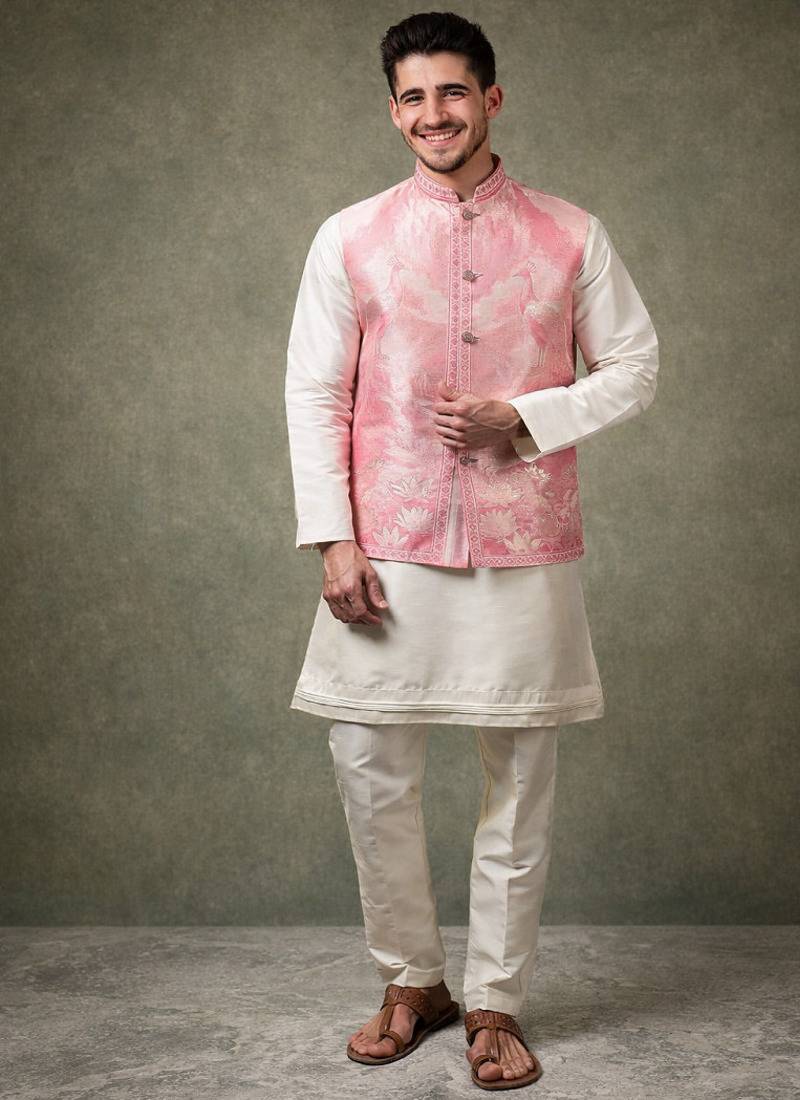 Pink color plain slub silk kurta koti pant set