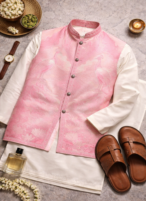 pink silk kurta pajama with woven koti 5