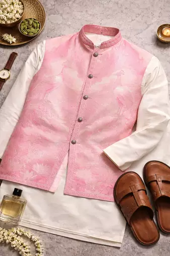 pink silk kurta pajama with woven koti