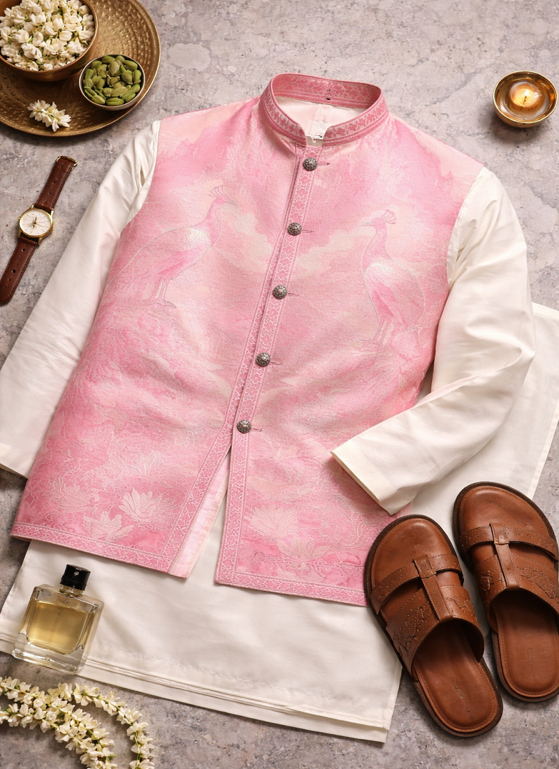 Pink color plain slub silk kurta koti pant set