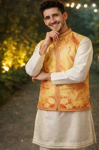 yellow silk kurta pajama with woven koti