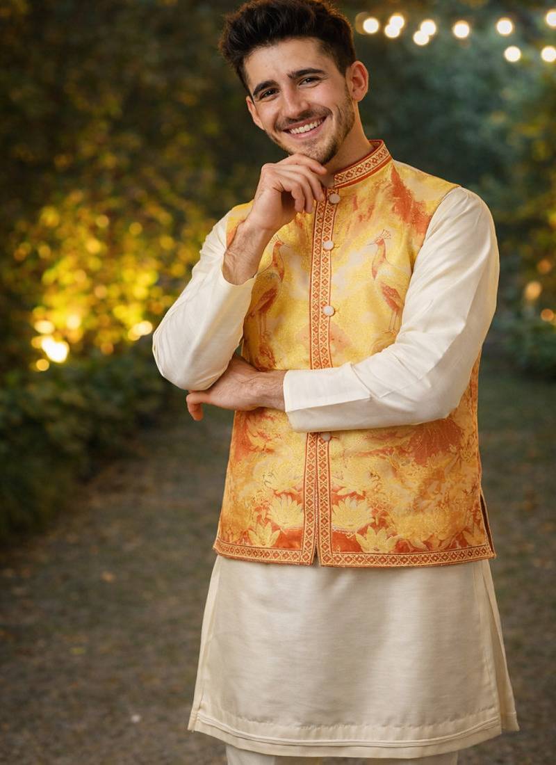 Yellow color plain slub silk kurta koti pant set