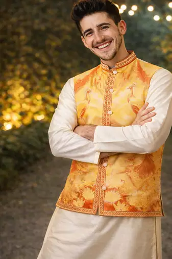 yellow silk kurta pajama with woven koti