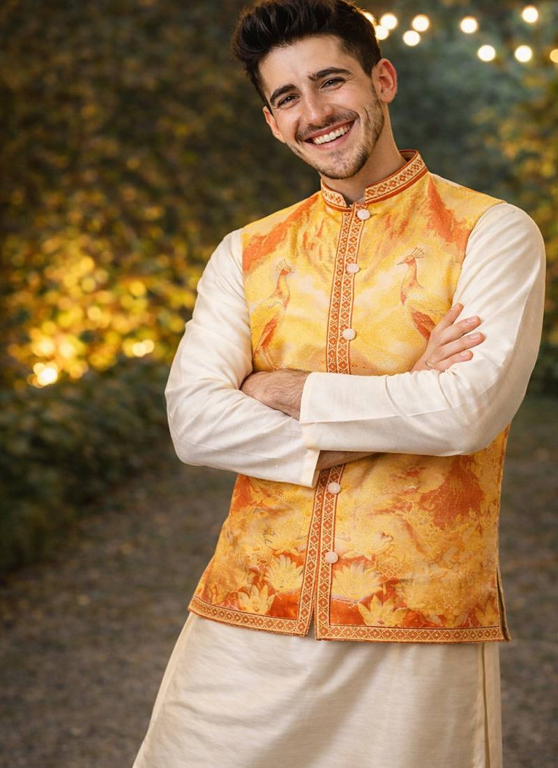 Yellow color plain slub silk kurta koti pant set