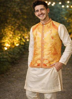 yellow silk kurta pajama with woven koti 1