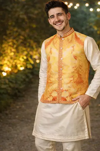 Yellow color plain slub silk kurta koti pant set