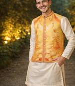 Yellow color plain slub silk kurta koti pant set