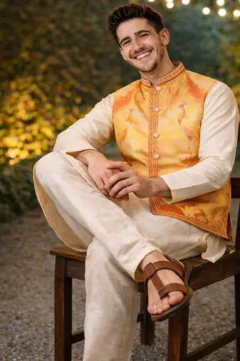 yellow silk kurta pajama with woven koti