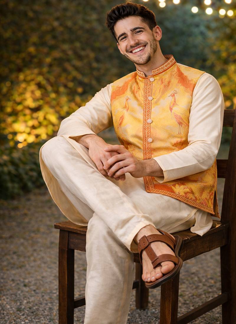 Yellow color plain slub silk kurta koti pant set