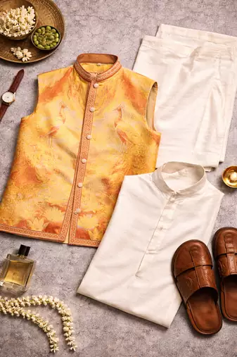 yellow silk kurta pajama with woven koti