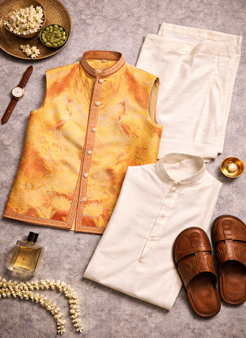 Yellow color plain slub silk kurta koti pant set