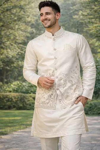 off white silk kurta koti set with nature motifs