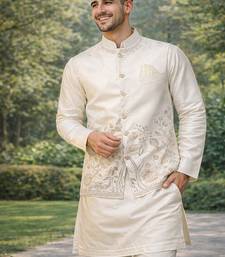 Off white color embroidery sequence work slub silk kurta koti pant set