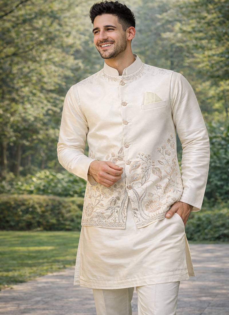 Off white color embroidery sequence work slub silk kurta koti pant set