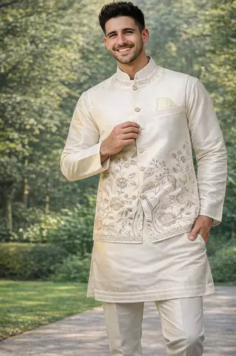 off white silk kurta koti set with nature motifs