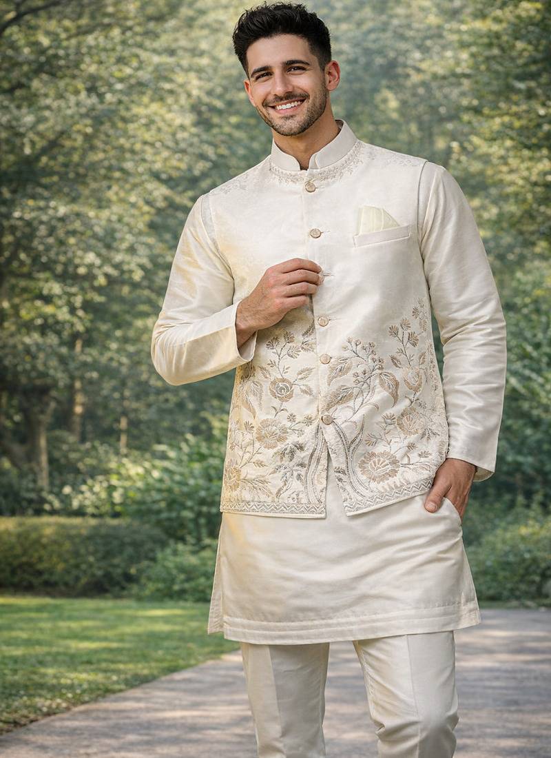 Off white color embroidery sequence work slub silk kurta koti pant set