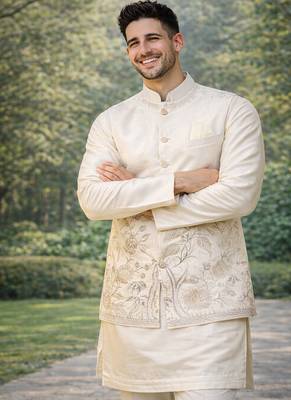 off white silk kurta koti set with nature motifs 4