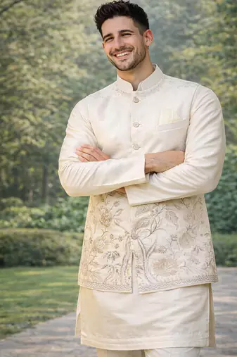 off white silk kurta koti set with nature motifs