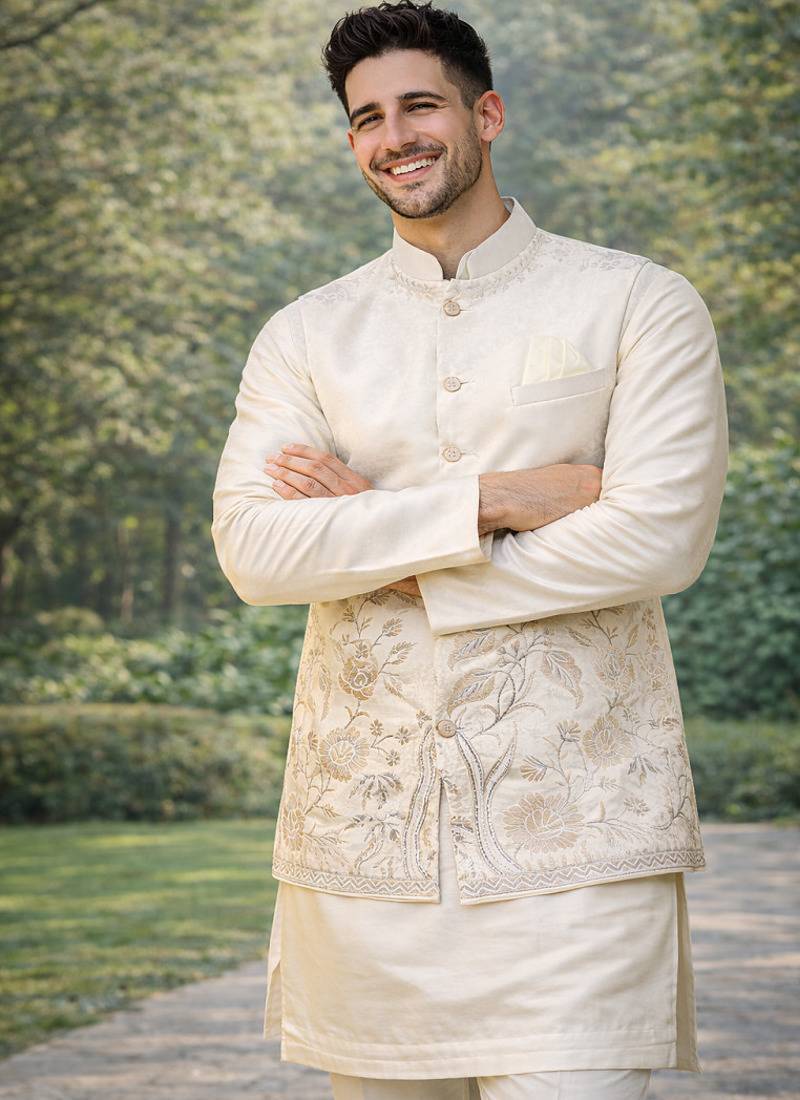 Off white color embroidery sequence work slub silk kurta koti pant set