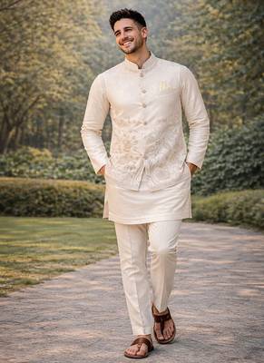 off white silk kurta koti set with nature motifs 1