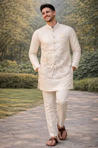 Off white color embroidery sequence work slub silk kurta koti pant set