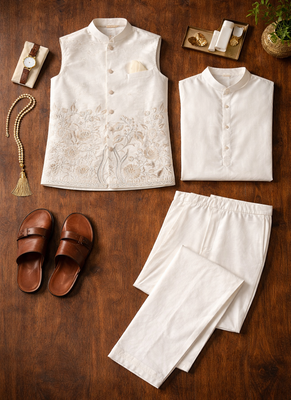 off white silk kurta koti set with nature motifs 5
