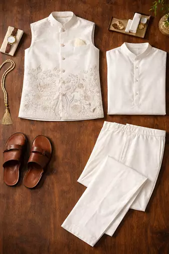 off white silk kurta koti set with nature motifs