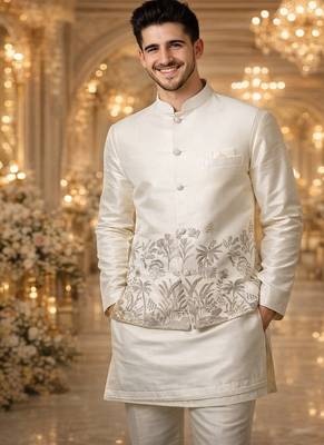 off white silk kurta koti set with embroidered border 2