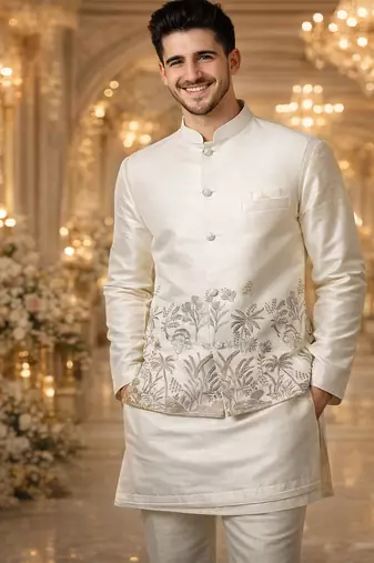 off white silk kurta koti set with embroidered border