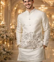 Off white color embroidery sequence work slub silk kurta koti pant set