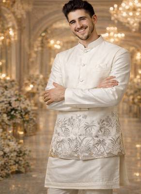 off white silk kurta koti set with embroidered border 3