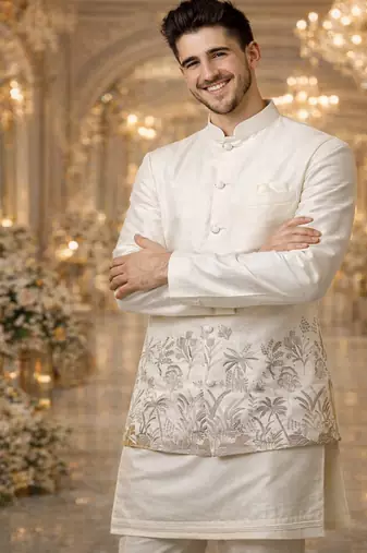 off white silk kurta koti set with embroidered border