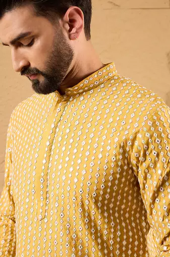 Men yellow silk blend solid embroidered straight kurta