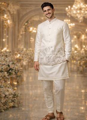 off white silk kurta koti set with embroidered border 1