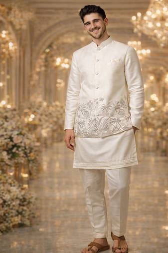 Off white color embroidery sequence work slub silk kurta koti pant set