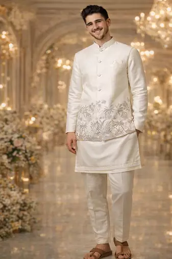 Off white color embroidery sequence work slub silk kurta koti pant set