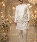 Off white color embroidery sequence work slub silk kurta koti pant set