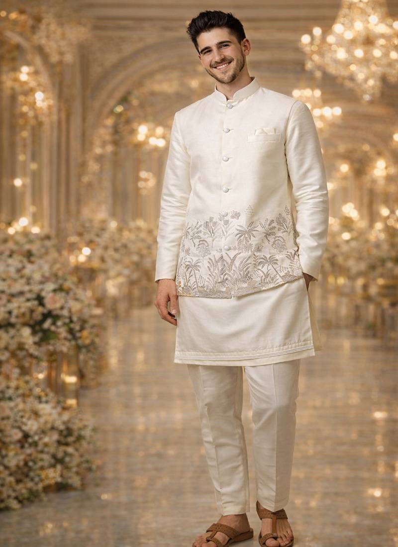 Off white color embroidery sequence work slub silk kurta koti pant set