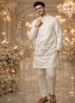 off white silk kurta koti set with embroidered border 4